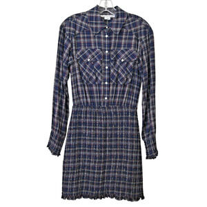 Veronica Beard Plaid Shirtdress Size 00 Blue Red Smocked Long Sleeve Above Knee